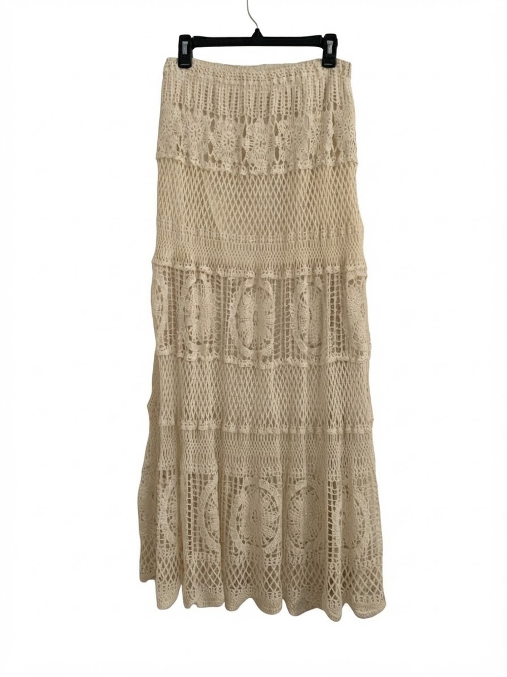 POL Cream Crochet Tiered Maxi Skirt Boho Festival Lace Neutral Long Skirt OS